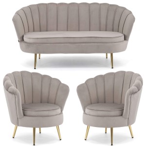 Sofa + 2 fotele muszelki ELIF | Welur | Ciemny beż #7 | Nogi złote