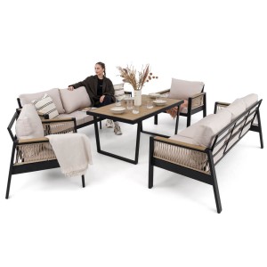 Zestaw mebli ogrodowych z aluminium SYCYLIA DUO | Czarny + imitacja drewna | Beżowe poduszki | OUTLET