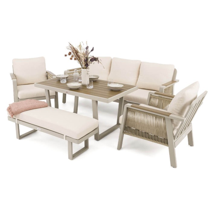 Zestaw mebli ogrodowych z aluminium PROVENCE | Beż + imitacja drewna | Beżowe poduszki - 1