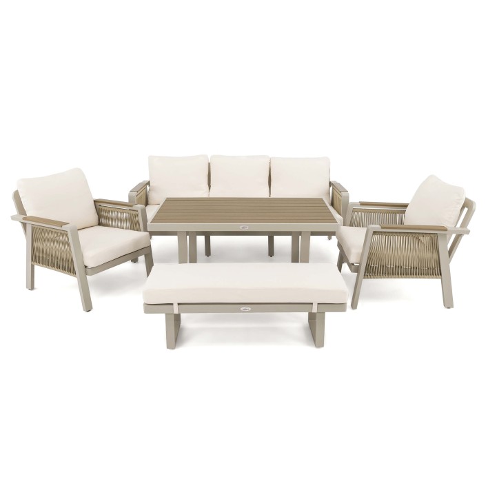 Zestaw mebli ogrodowych z aluminium PROVENCE | Beż + imitacja drewna | Beżowe poduszki - 5
