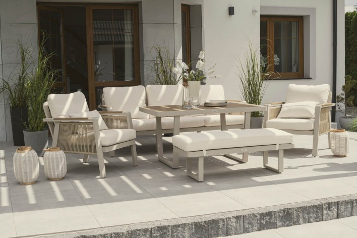 Zestaw mebli ogrodowych z aluminium PROVENCE | Beż + imitacja drewna | Beżowe poduszki - 3