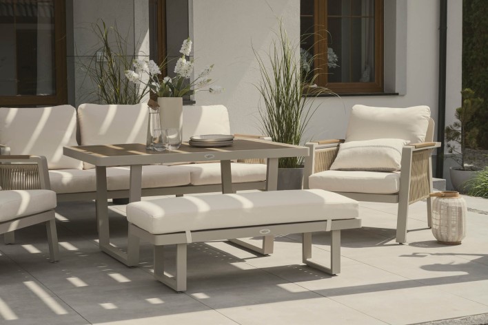 Zestaw mebli ogrodowych z aluminium PROVENCE | Beż + imitacja drewna | Beżowe poduszki - 28