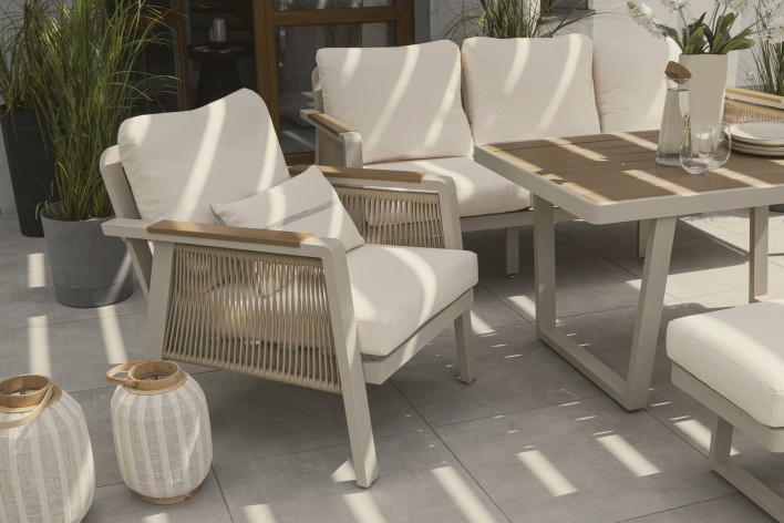 Zestaw mebli ogrodowych z aluminium PROVENCE | Beż + imitacja drewna | Beżowe poduszki - 29