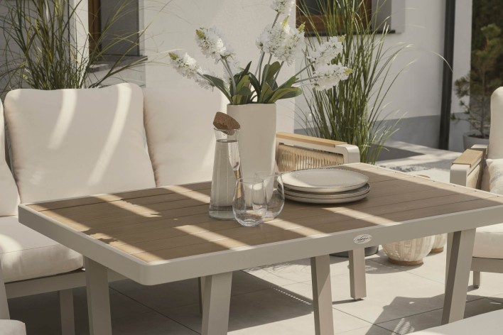 Zestaw mebli ogrodowych z aluminium PROVENCE | Beż + imitacja drewna | Beżowe poduszki - 30