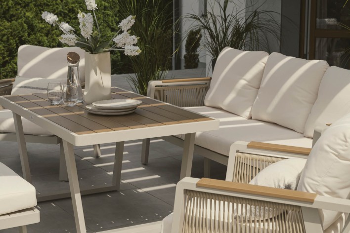 Zestaw mebli ogrodowych z aluminium PROVENCE | Beż + imitacja drewna | Beżowe poduszki - 32