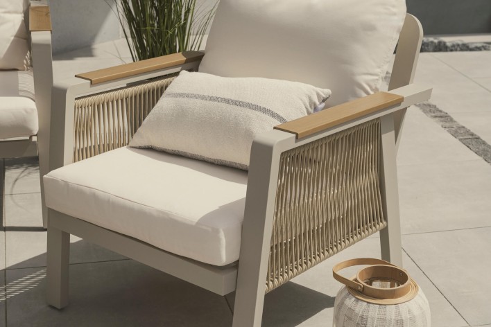 Zestaw mebli ogrodowych z aluminium PROVENCE | Beż + imitacja drewna | Beżowe poduszki - 33
