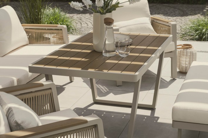 Zestaw mebli ogrodowych z aluminium PROVENCE | Beż + imitacja drewna | Beżowe poduszki - 35