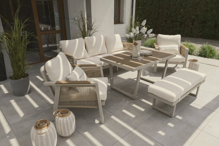 Zestaw mebli ogrodowych z aluminium PROVENCE | Beż + imitacja drewna | Beżowe poduszki - 27