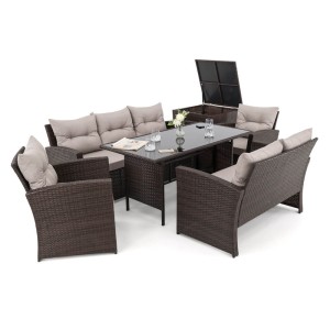 Zestaw mebli ogrodowych dla 7 osób MARSYLIA BIG | Technorattan | Brązowy | Poduszki szare 03 | OUTLET