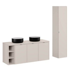 Zestaw meblowy 140cm z blatem, dwoma umywalkami nablatowymi Simple i szafką wysoką | Kolekcja Bella Cashmere | Kaszmirowy Mat  