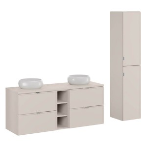 Zestaw meblowy 140cm z blatem, dwoma umywalkami nablatowymi Wiki i szafką wysoką | Kolekcja Bella Cashmere | Kaszmirowy Mat   