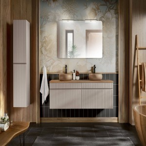 Zestaw meblowy 160cm z blatem, 2 umywalkami nablatowymi Wiki, szafką wysoką i lustrem | Kolekcja Iconic Cashmere | Kaszmirowy Mat, Dąb Coast Evoke 