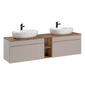 Zestaw meblowy 180cm z blatem i 2 umywalkami nablatowymi Lili | Kolekcja Iconic Cashmere | Kaszmirowy Mat, Dąb Coast Evoke 