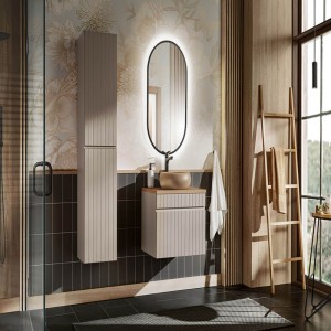 Zestaw meblowy 60cm z blatem, umywalką nablatową Wiki, szafką wysoką i lustrem led | Kolekcja Iconic Cashmere | Kaszmirowy Mat, Dąb Coast Evoke 