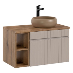 Zestaw meblowy 80cm z blatem, szafką i umywalką nablatową Wiki | Kolekcja Iconic Cashmere | Kaszmirowy Mat, Dąb Coast Evoke 