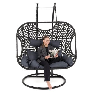 Fotel wiszący ogrodowy dwuosobowy XXL SC-N1 | Czarny | Poduszki szare | OUTLET