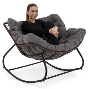 Ogrodowy fotel bujany technorattan Brązowy poduszki szare | OUTLET