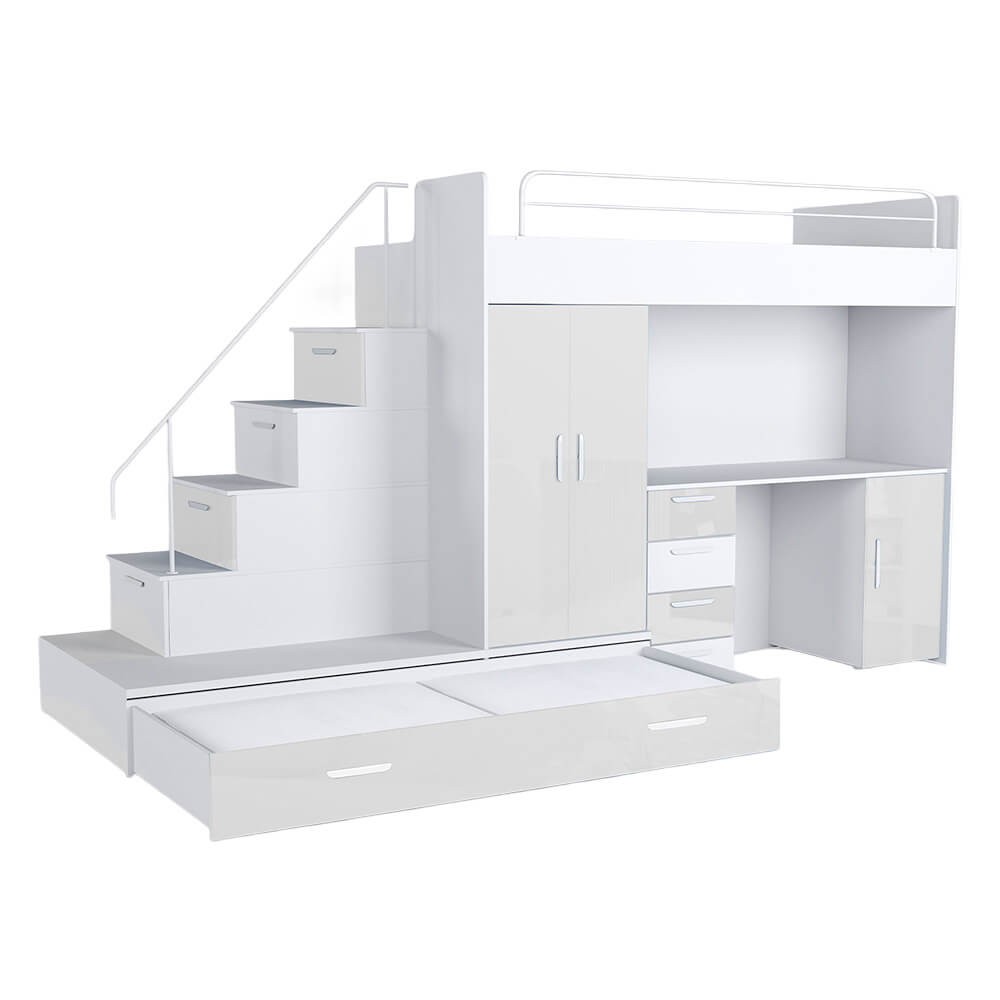 Meblościanka z biurkiem i 2 łóżkami Raj 5 | biały-biały połysk