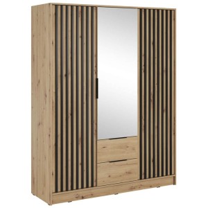 Szafa trzydrzwiowa z lustrem NELLY 3D | Dąb artisan | Czarne lamele