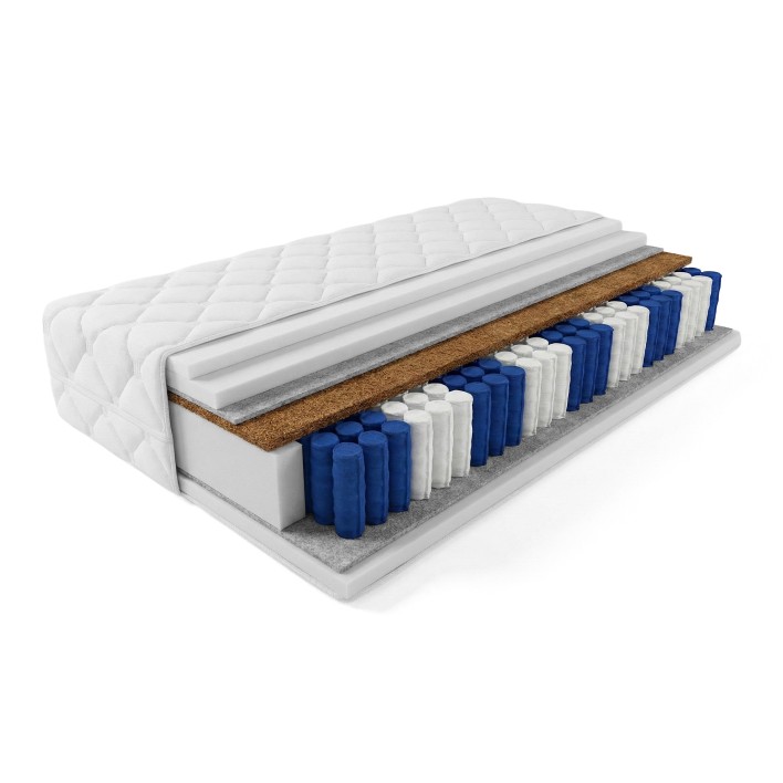 Przekrój materaca kieszeniowego z Visco i Kokos model PREMIUM 140x200x20 pokazujący warstwy wewnętrzne.