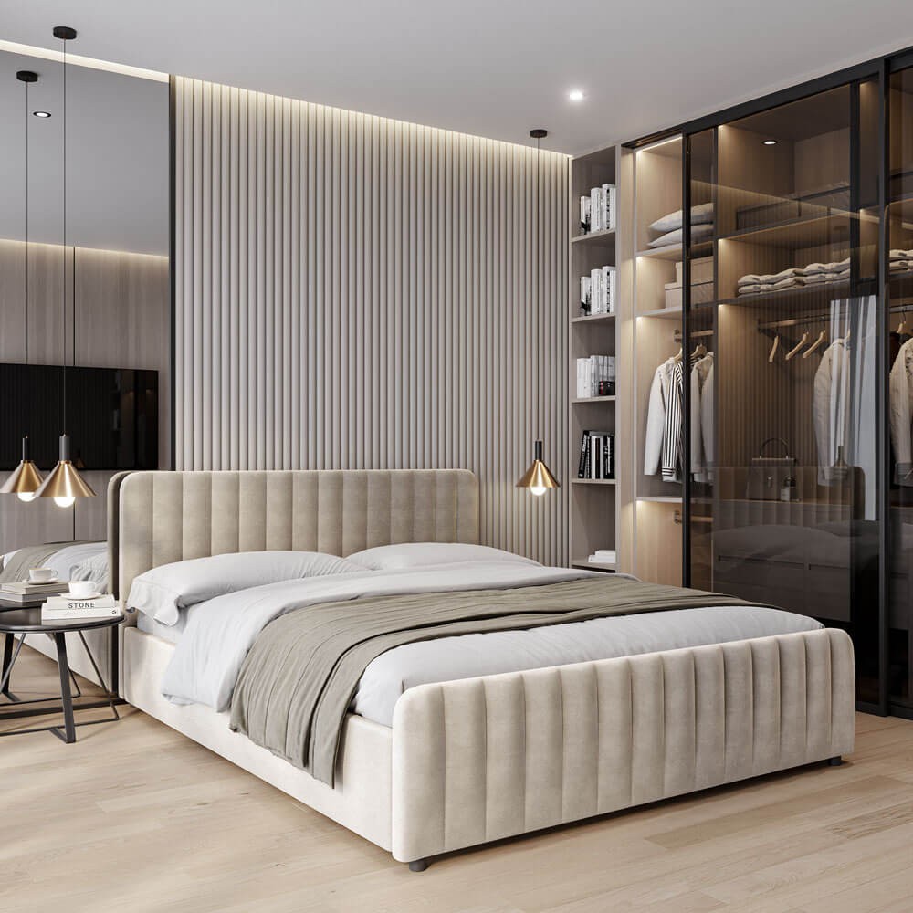 Łóżko tapicerowane z pojemnikiem SFG0160 | 180x200 | Welur | Beżowy #3 | OUTLET