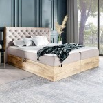 Łóżko kontynentalne z pojemnikiem WOOD3, materac | 200x200 | Kolor do wyboru