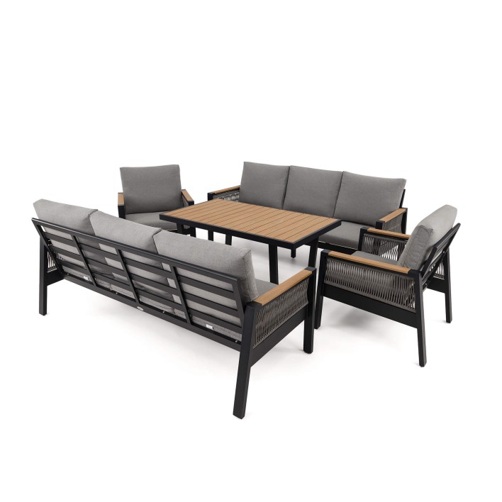 Zestaw mebli ogrodowych z aluminium SYCYLIA DUO | Czarny + imitacja drewna | Szare poduszki - 5