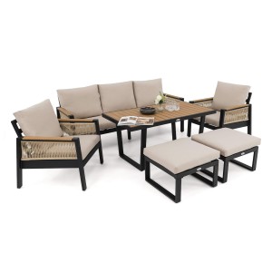 Zestaw mebli ogrodowych z aluminium SYCYLIA | Czarny + imitacja drewna | Beżowe poduszki