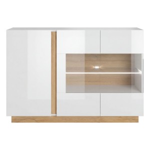 ARCO (E) KOMODA WITRYNA 138CM - BIAŁY POŁYSK / DĄB GRANDSON