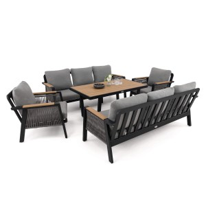 Zestaw mebli ogrodowych z aluminium PROVENCE DUO | Czarne + imitacja drewna | Szare poduszki