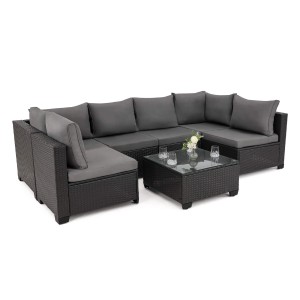 Zestaw mebli ogrodowych z technorattanu ALVANI | Czarny | Poduszki szare 02