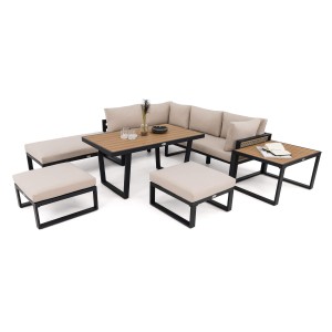 Zestaw mebli ogrodowych SANTORINI SUPER BIG + Stół Sycylia | Aluminium czarny | Beżowe poduszki