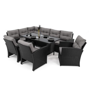 Zestaw mebli ogrodowych dla 9 osób KRETA | Technorattan | Czarny | Poduszki szare 01 | OUTLET