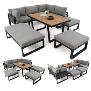 Zestaw mebli ogrodowych SIENA SUPER BIG + Stół Sycylia | Aluminium czarny | Szare poduszki | OUTLET
