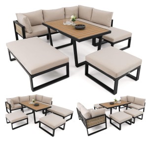 Zestaw mebli ogrodowych SIENA SUPER BIG + Stół Sycylia | Aluminium czarny | Beżowe poduszki | OUTLET