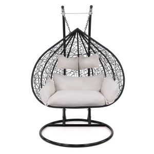 Fotel wiszący ogrodowy dwuosobowy SC-007 | Czarny | Poduszki jasno-szara