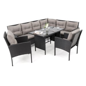 Zestaw mebli ogrodowych dla 9 osób PARIS BIG | Technorattan | Czarny | Poduszki szare 01 | OUTLET 
