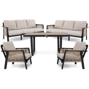 Zestaw mebli ogrodowych z aluminium PROVENCE DUO | Czarny + imitacja drewna | Beżowe poduszki OUTLET