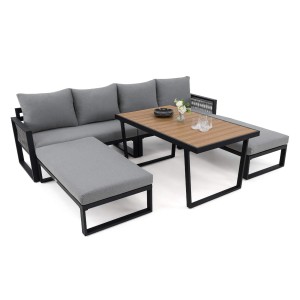 Zestaw mebli ogrodowych RIMINI + Stół Sycylia | Aluminium czarny | Szare poduszki