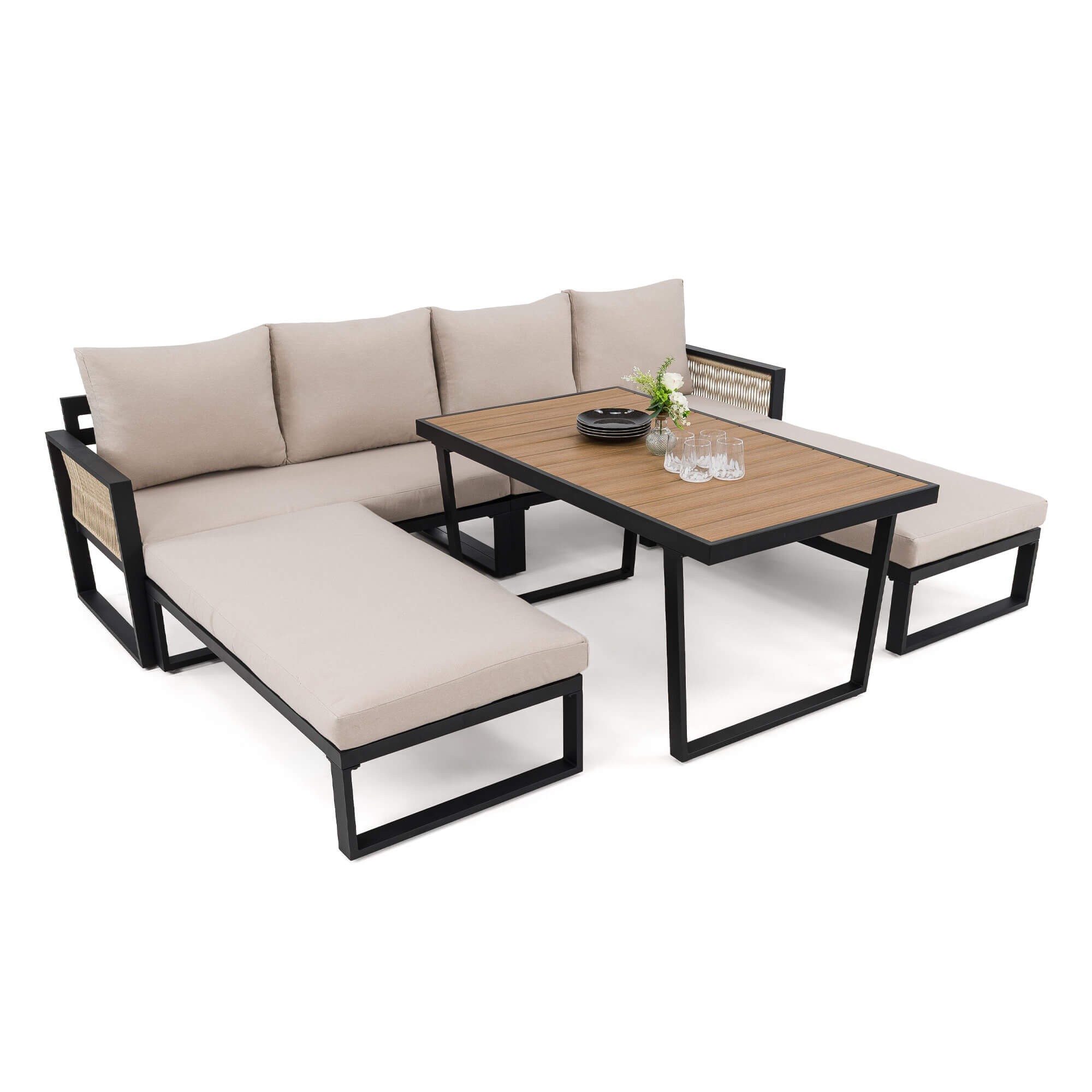 Zestaw mebli ogrodowych RIMINI + Stół Sycylia | Aluminium czarny | Beżowe poduszki