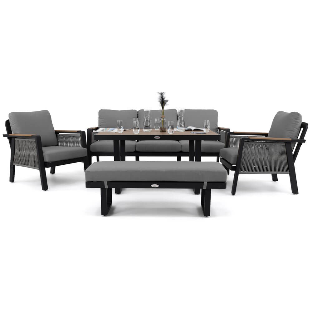 Zestaw mebli ogrodowych z aluminium PROVENCE | Czarne + imitacja drewna | Szare poduszki OUTLET