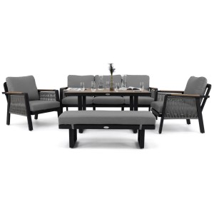 Zestaw mebli ogrodowych z aluminium PROVENCE | Czarne + imitacja drewna | Szare poduszki OUTLET