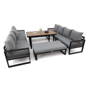 Zestaw mebli ogrodowych RIMINI DUO + Stół Sycylia | Aluminium czarny | Szare poduszki OUTLET