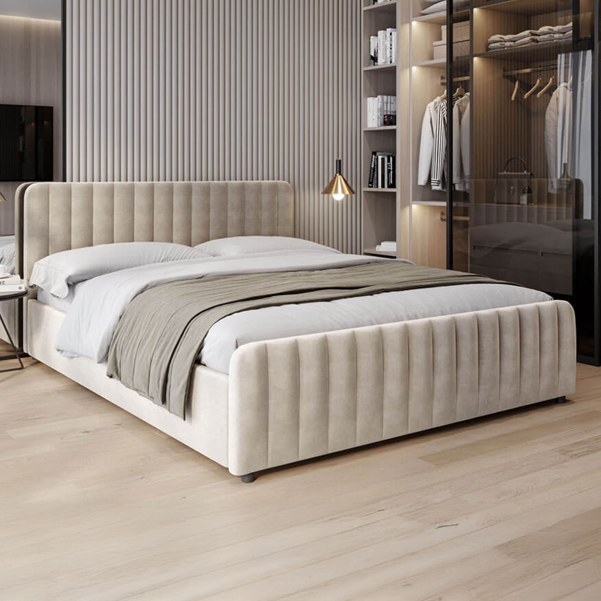 Łóżko tapicerowane z pojemnikiem SFG0160 | 140x200 | Welur | Beżowy #3 | OUTLET