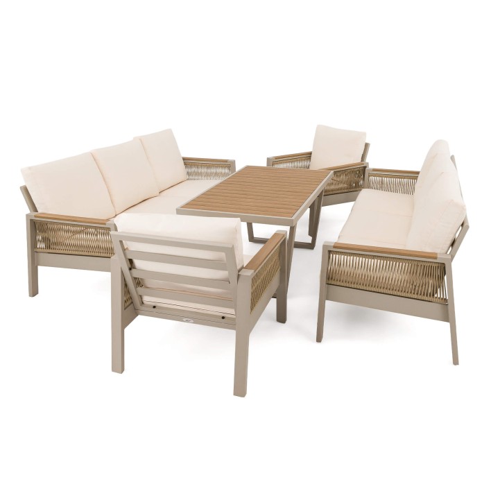 Zestaw mebli ogrodowych z aluminium SYCYLIA DUO | Beżowy + imitacja drewna | Beżowe poduszki - 5