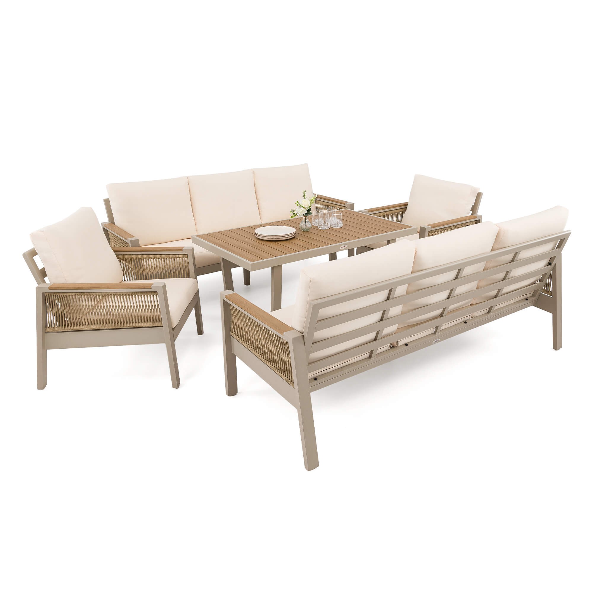 Zestaw mebli ogrodowych z aluminium SYCYLIA DUO | Beżowy + imitacja drewna | Beżowe poduszki