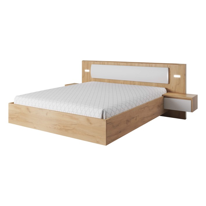 ŁÓŻKO ZE STOLIKAMI NOCNYMI I OŚWIETLENIEM G XELO DĄB CRAFT ZŁOTY / BIAŁY