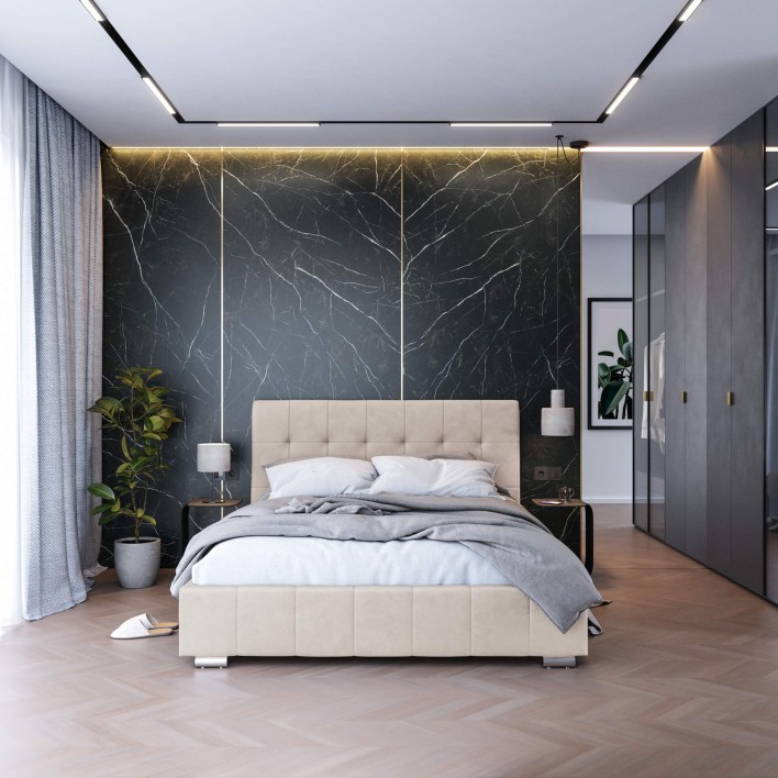 łóżko welurowe beżowe 140x200 z pojemnikiem