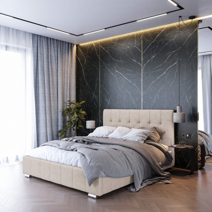 łóżko welurowe beżowe 140x200 z pojemnikiem