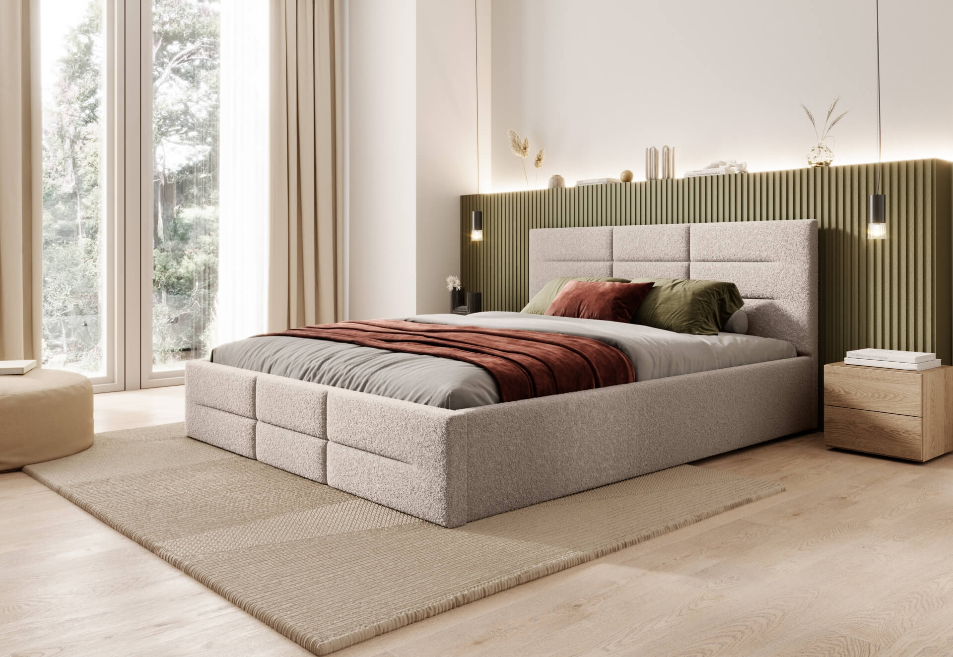 Beżowe łóżko tapicerowane boucle SFG0142 160 × 200 cm z pojemnikiem na pościel